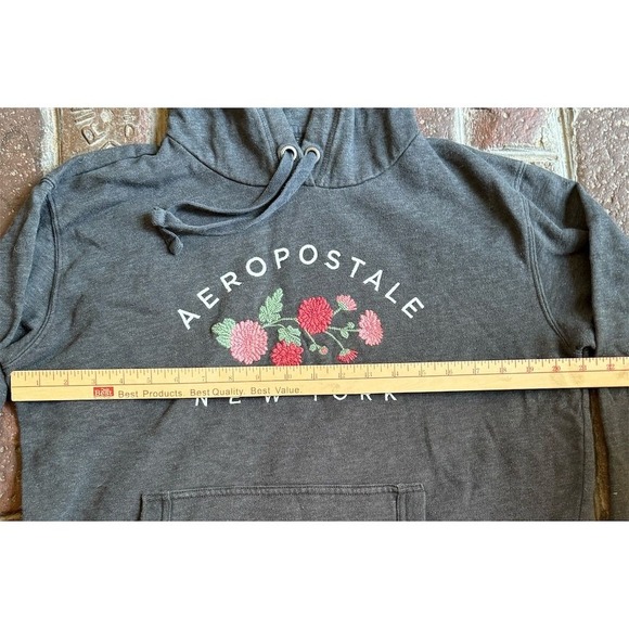 Aeropostale NY Women's Gray Floral Hoodie Size L Kangaroo Pocket Pullover Aero - Picture 5 of 8